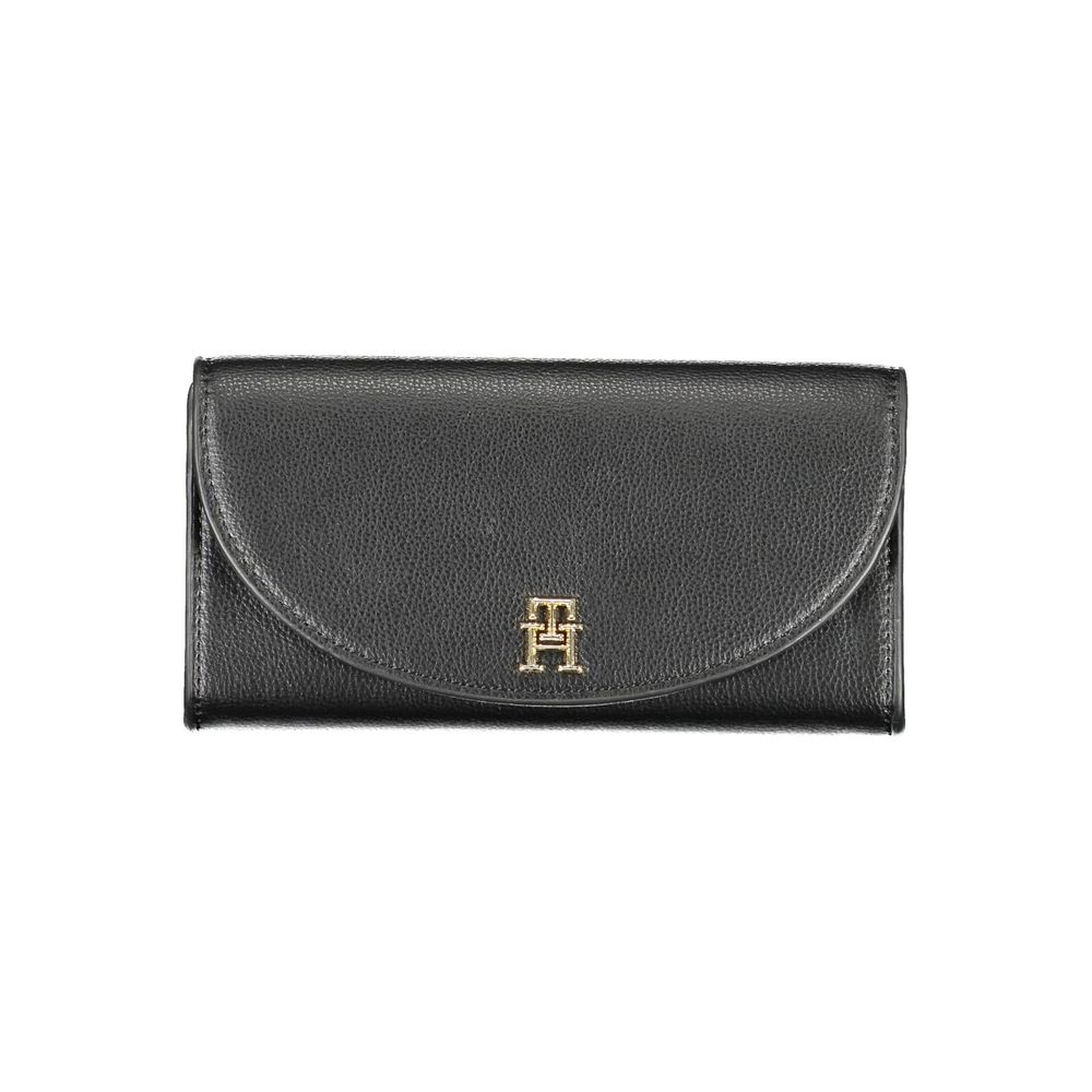 Black leather wallet with gold logo on front