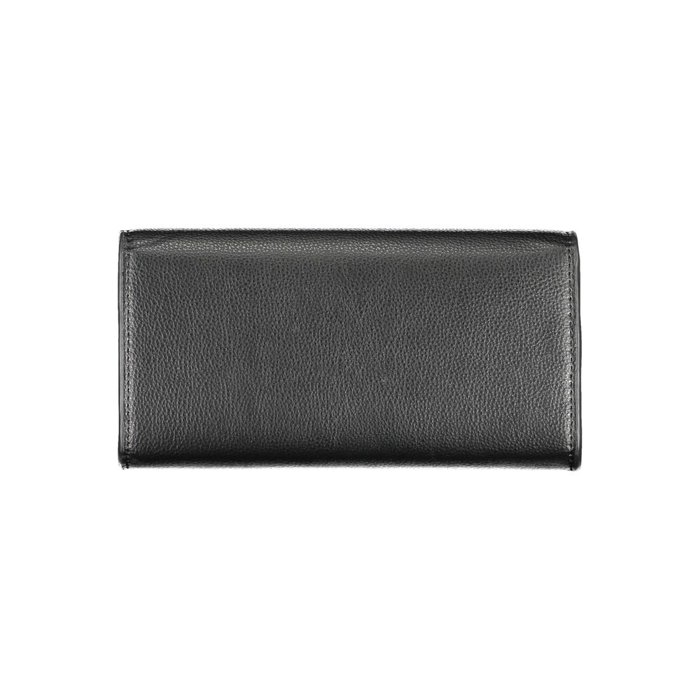 Black leather wallet with visible card slots and a zipper closure