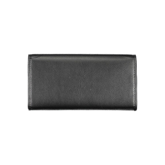 Black leather wallet with visible card slots and a zipper closure