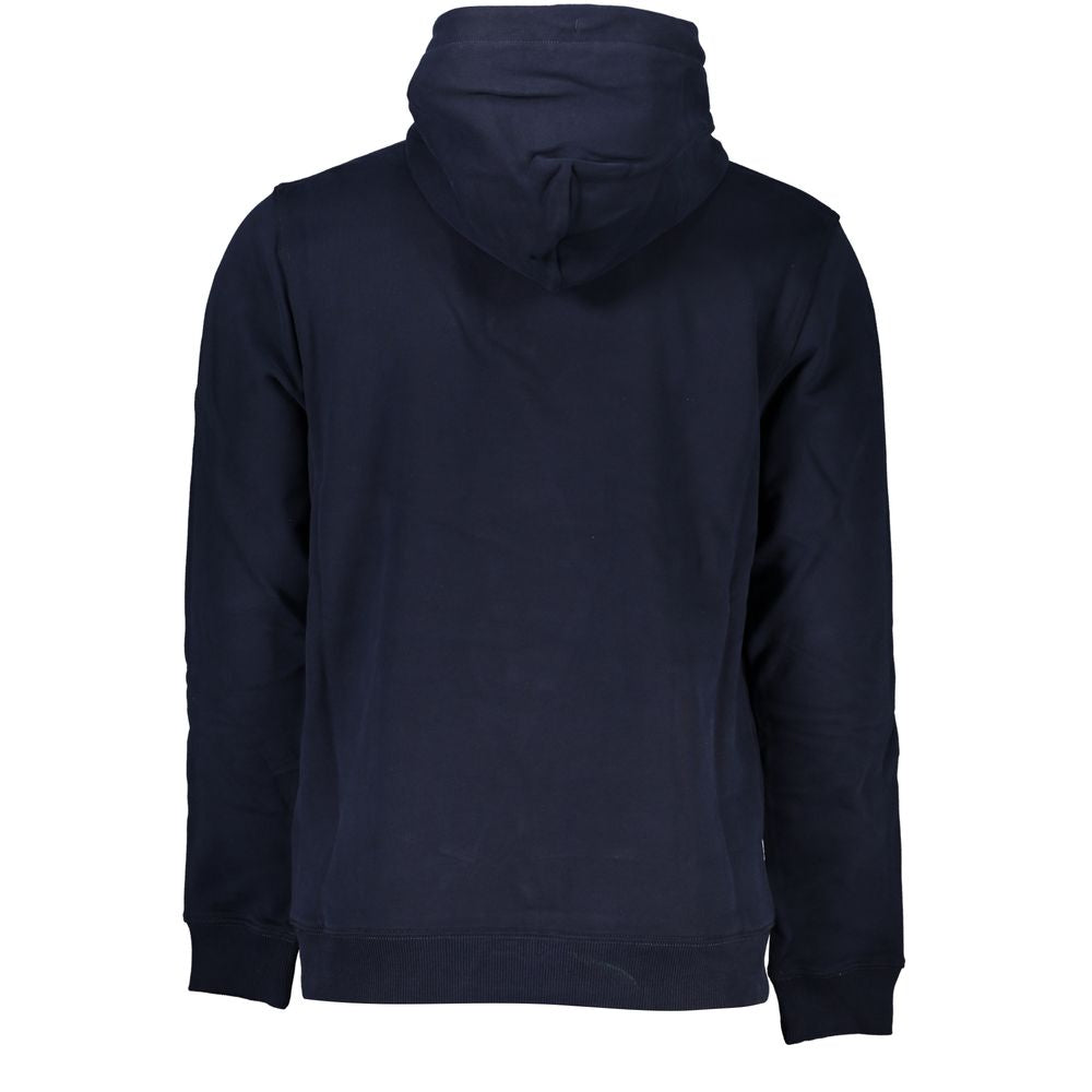 Navy blue hooded sweatshirt with drawstring hood and ribbed cuffs