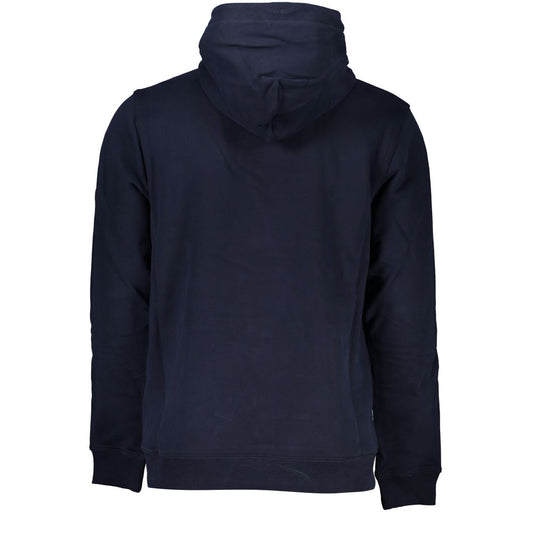 Navy blue hooded sweatshirt with drawstring hood and ribbed cuffs