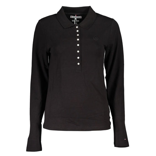 Black polo shirt with two buttons on front and short sleeves