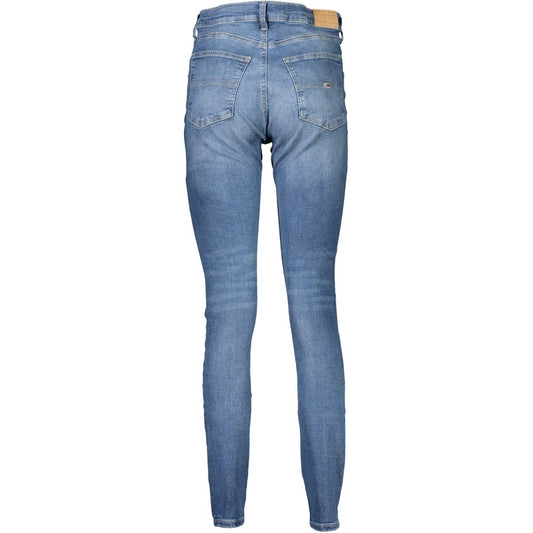 Pair of blue denim jeans with a faded wash and visible stitching