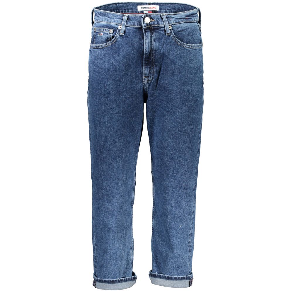 Blue denim jeans with zipper and button closure