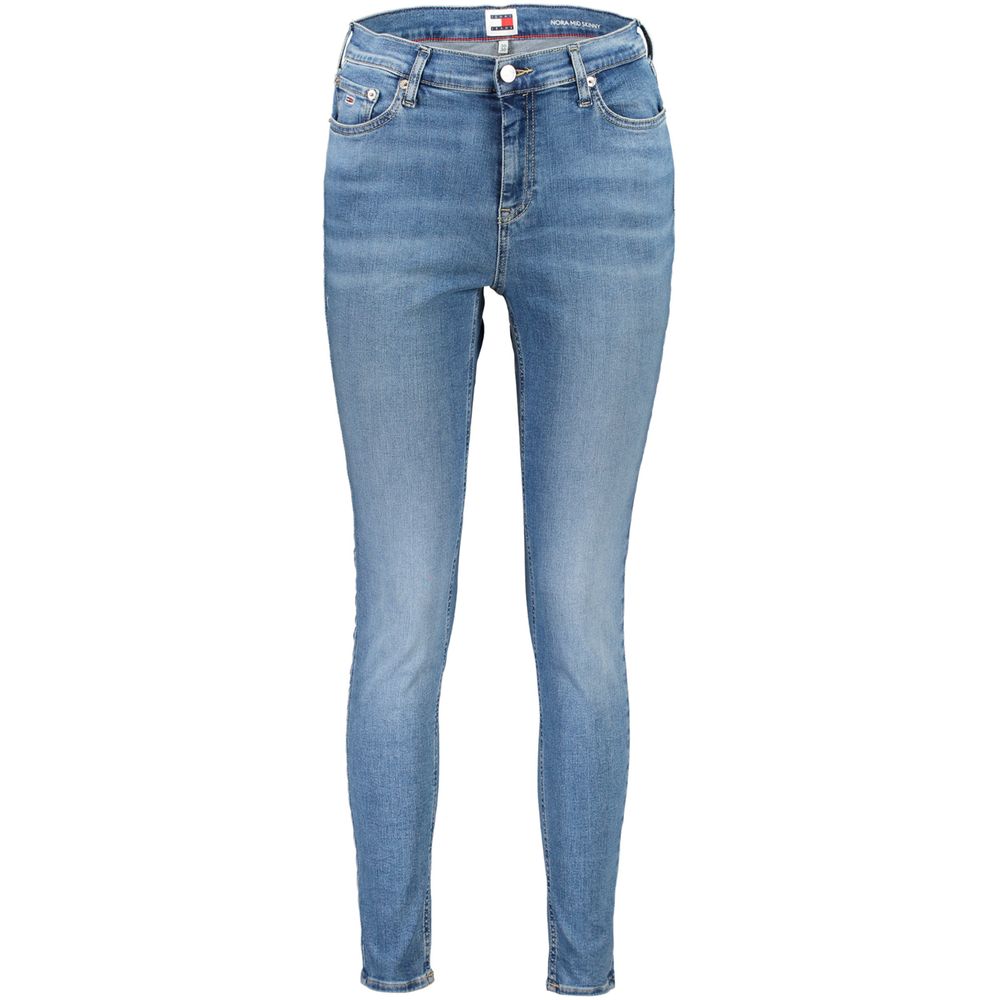 Pair of blue denim jeans with belt loops and zipper fly