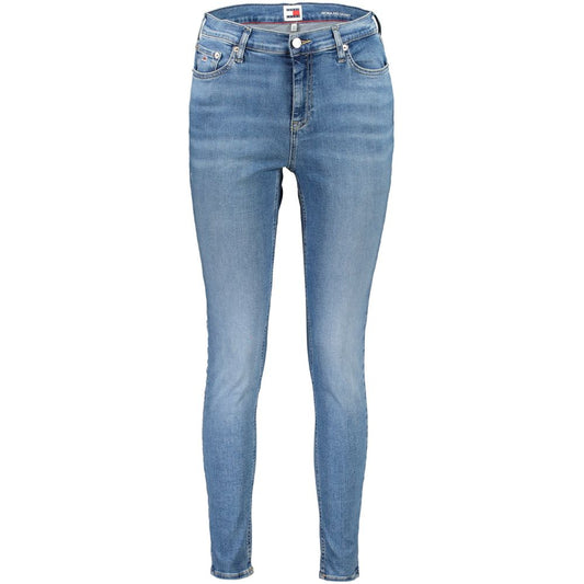 Pair of blue denim jeans with belt loops and zipper fly