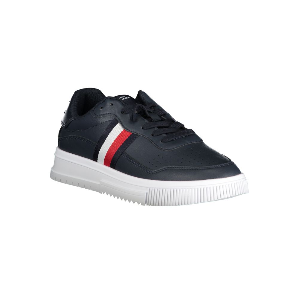 Black sneaker with white sole and red stripe on side