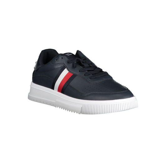 Black sneaker with white sole and red stripe on side