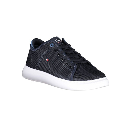 Blue polyester men's sneaker with white sole, featuring a logo on the side and laces for closure