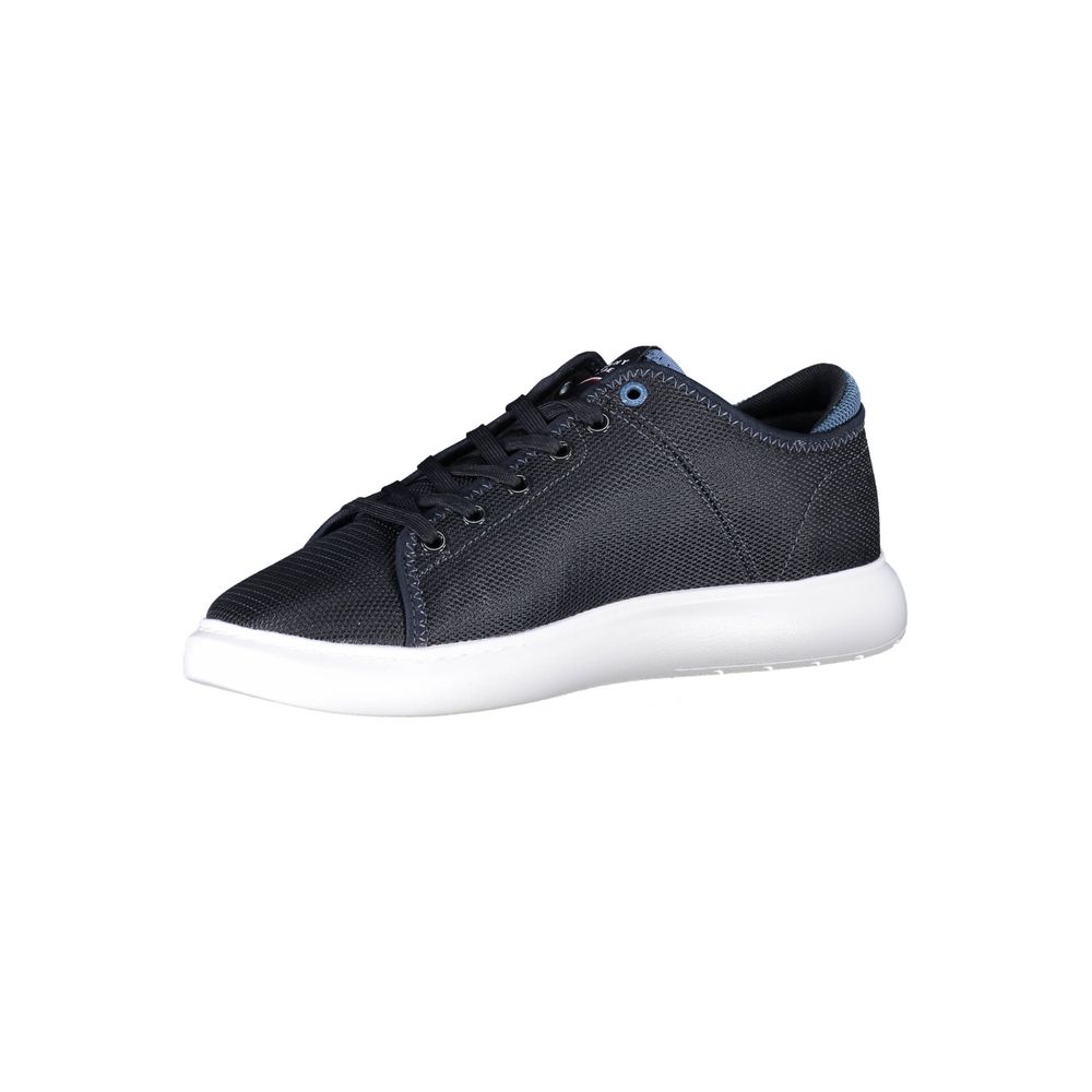 Blue polyester men's sneaker with white sole, laces, and logo
