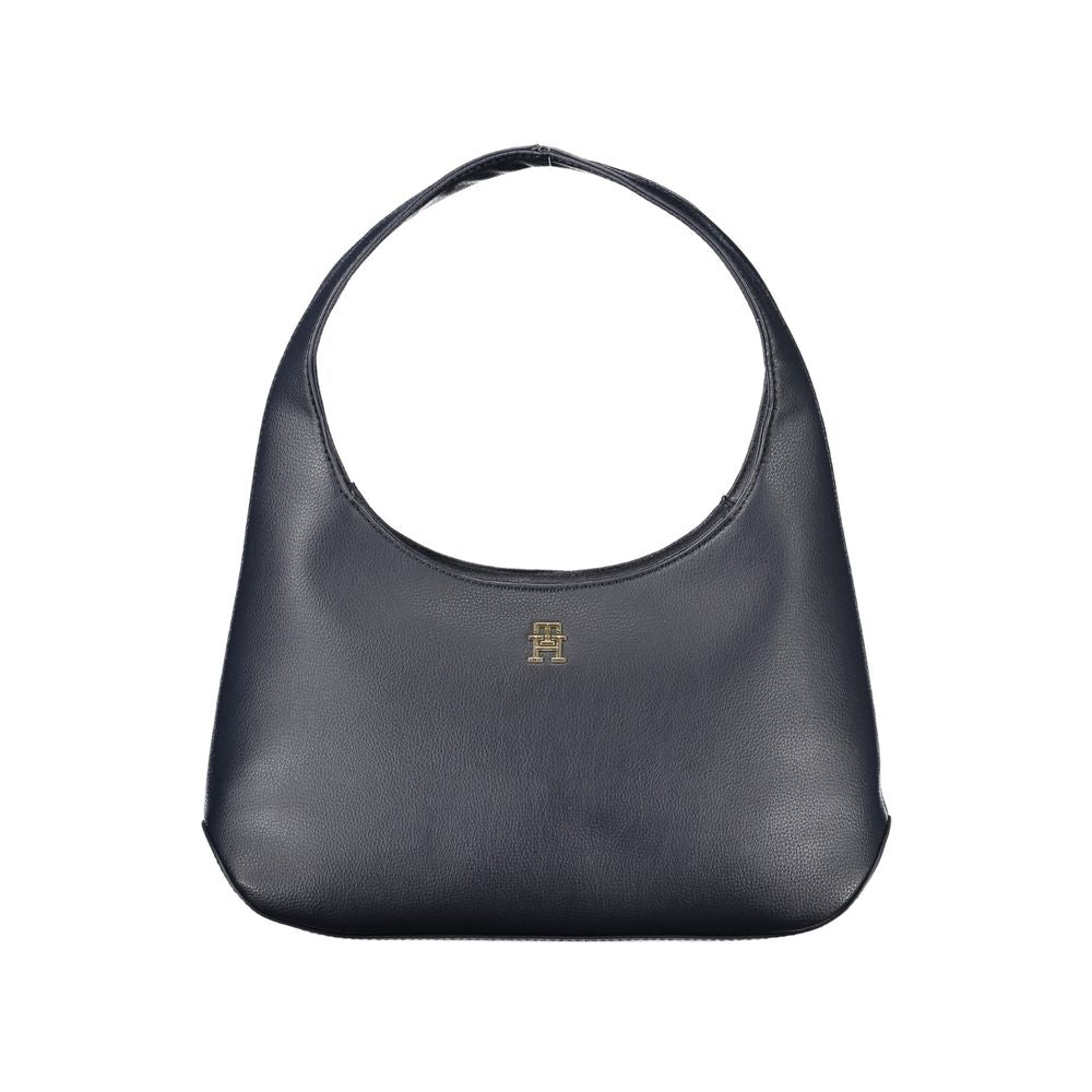 Blue leather handbag with a logo on the front