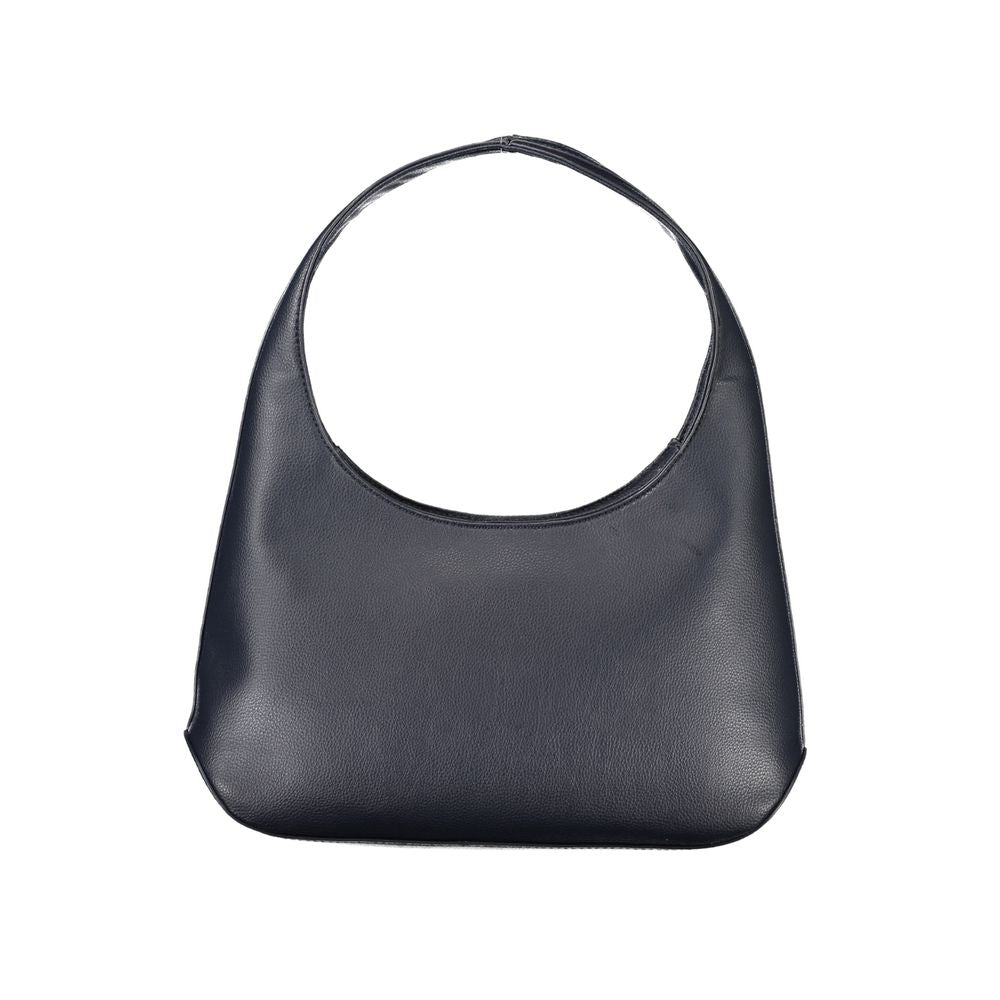 Black leather handbag with a round top and a long strap