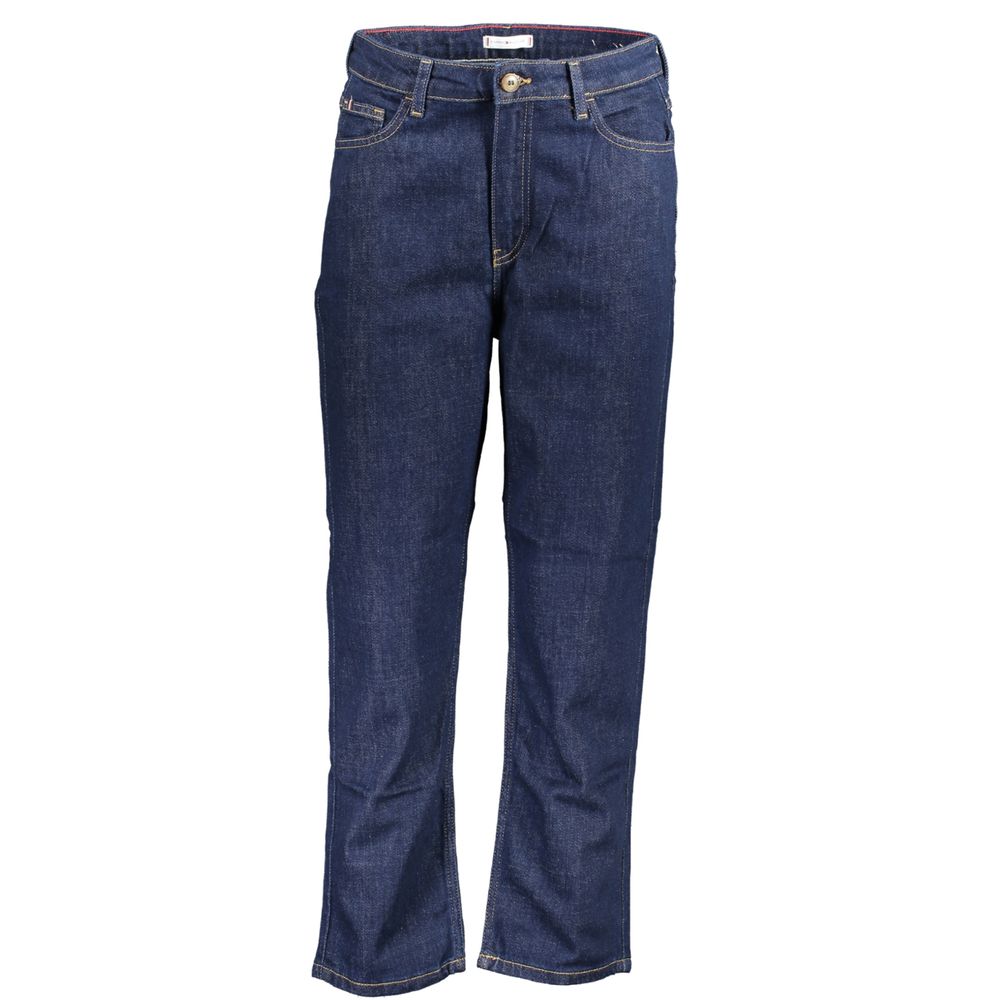 Pair of blue jeans with zipper and belt loops
