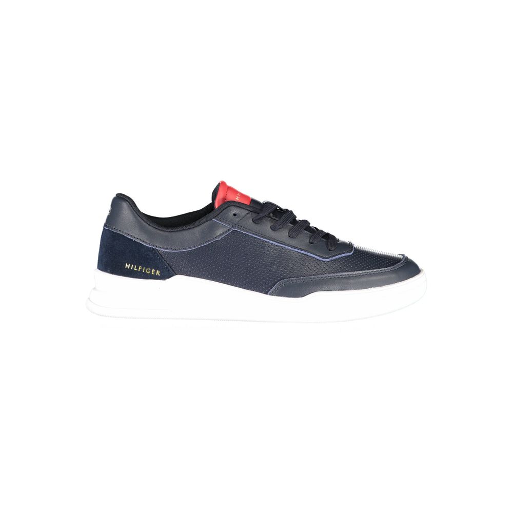 Blue and red sneaker with white sole