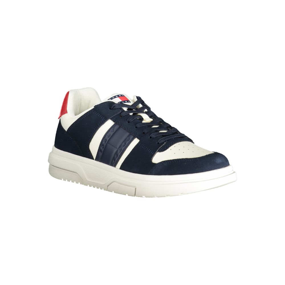 Navy blue leather men's sneaker with white laces, red stripe on side and heel, and white sole