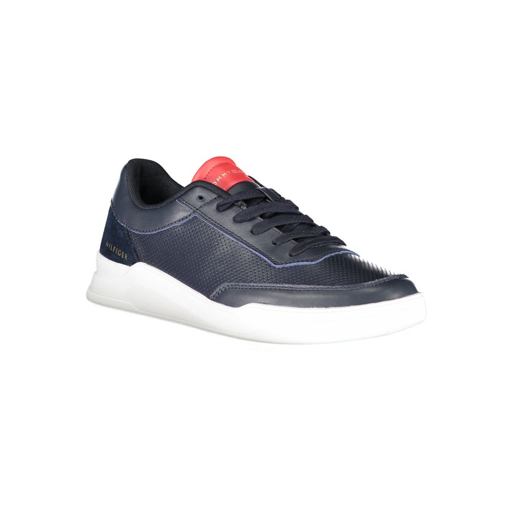 Blue and red sneaker with white sole