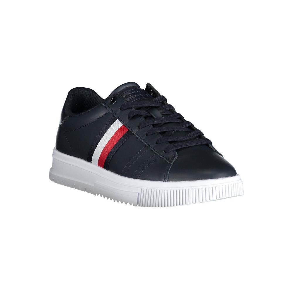 Black sneaker with white sole and red stripe on side