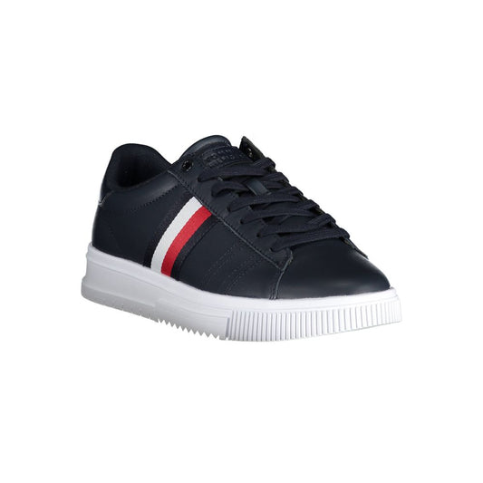 Black sneaker with white sole and red stripe on side