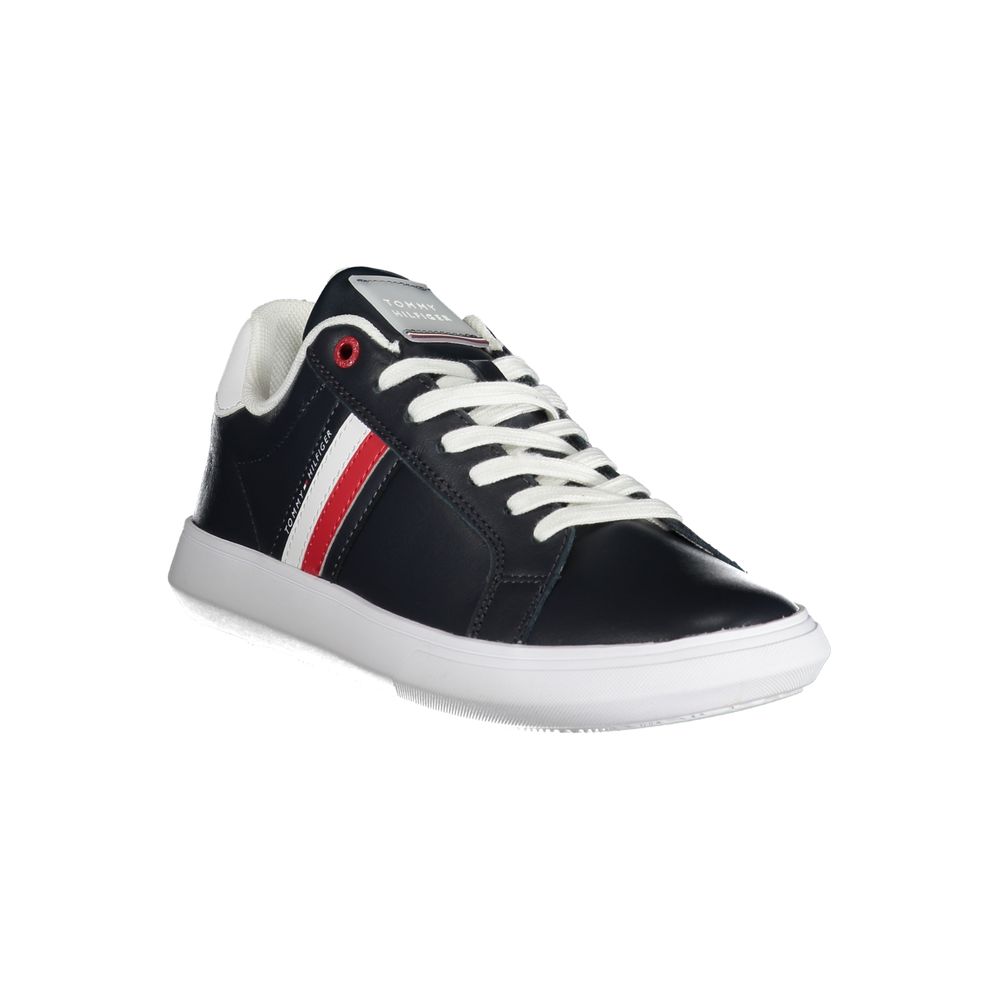 Black sneaker with white laces and red stripe on side