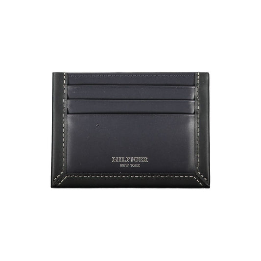 Blue leather wallet with card slots and a coin pocket