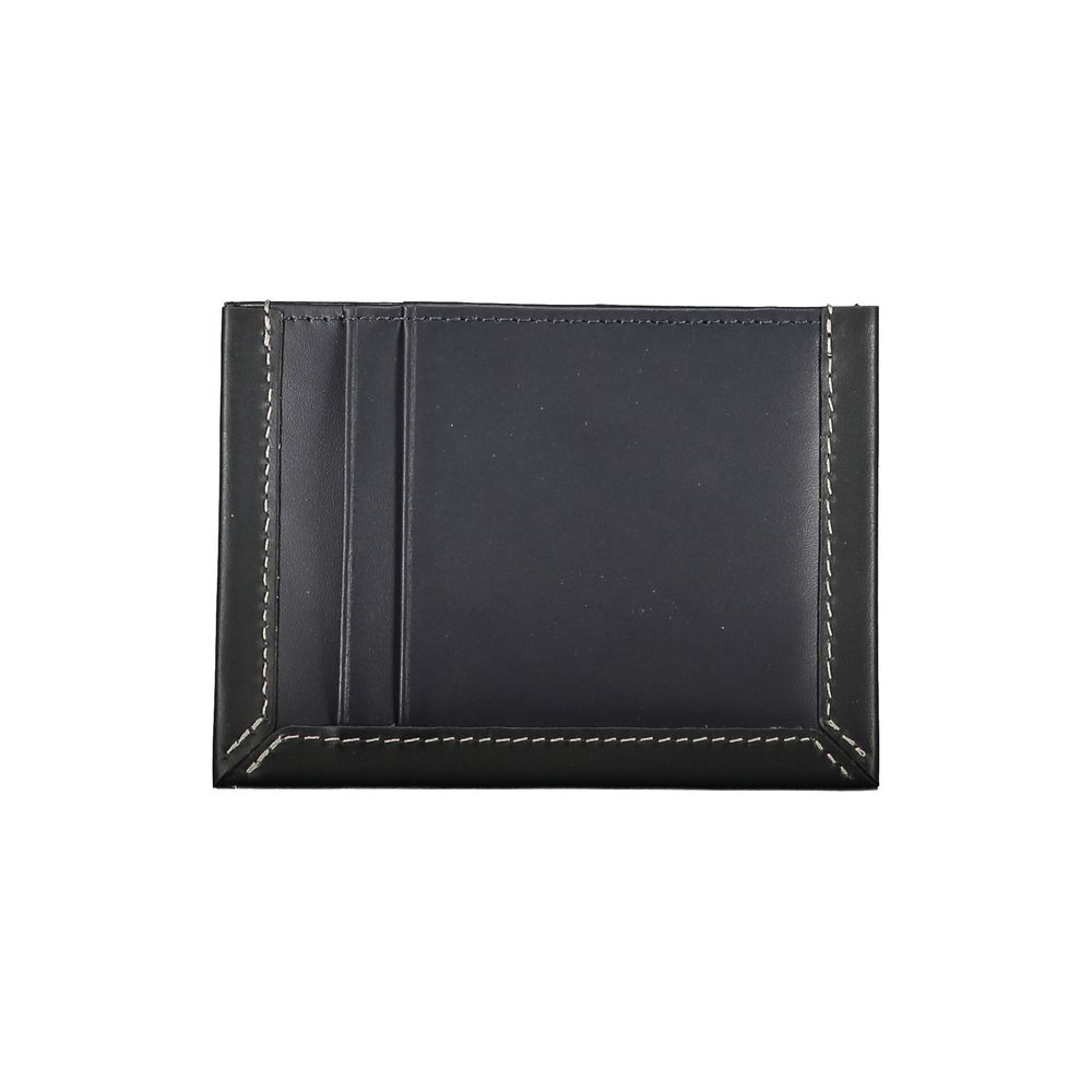Black leather wallet with stitching detail on front
