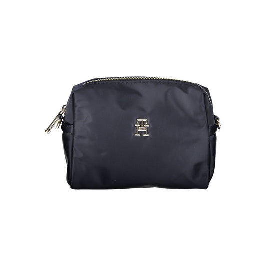 Blue nylon crossbody bag with metallic logo on front