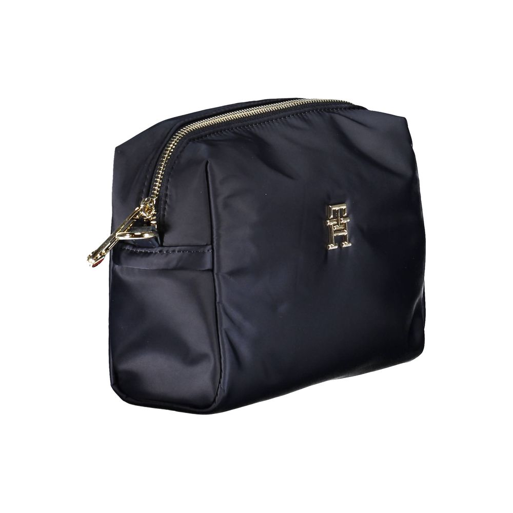 Black zippered pouch with gold hardware and logo on front
