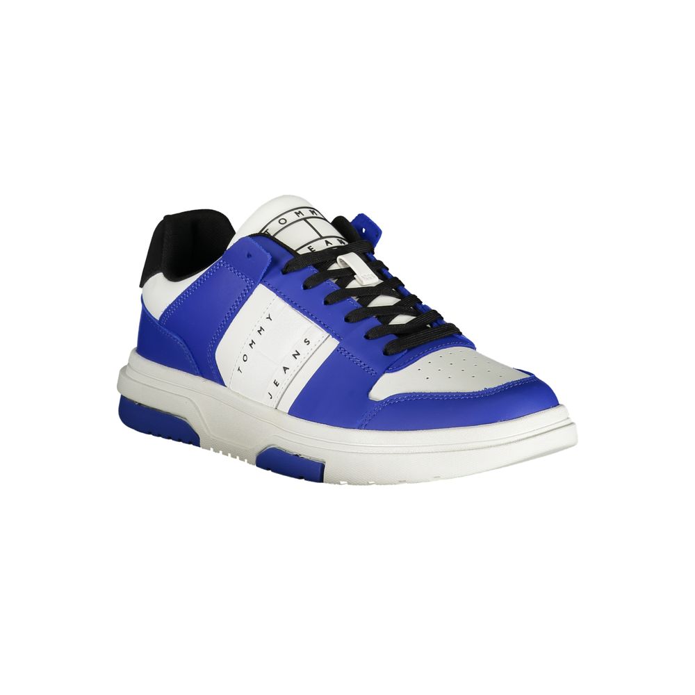 A blue and white men's sneaker with a polyethylene sole