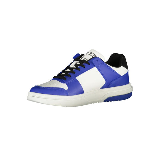 A blue and white men's sneaker with a lace-up front, featuring a textured sole and a logo on the side
