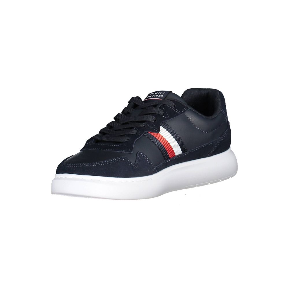 A blue men's sneaker with white laces, a red stripe on the side, and a white sole