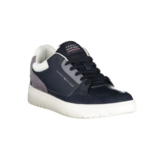 A blue men's sneaker with white sole, featuring a logo on the side and tongue
