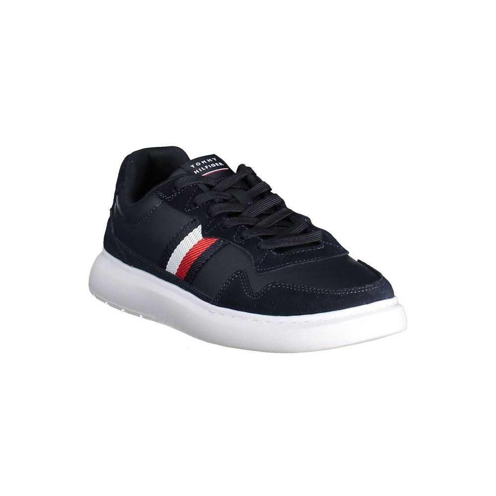 A blue polyurethane men's sneaker with white sole, featuring a red stripe on the side