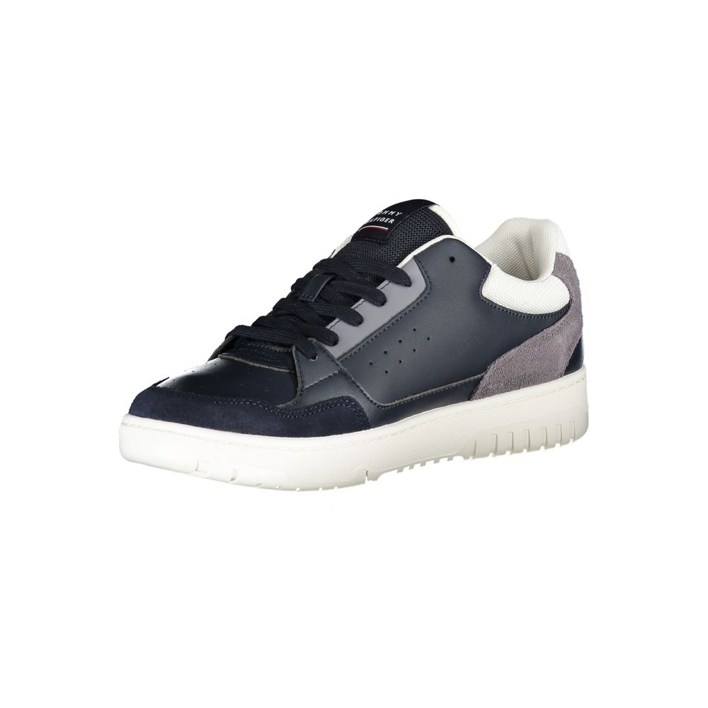 A blue men's sneaker with white sole, laces, and heel tab