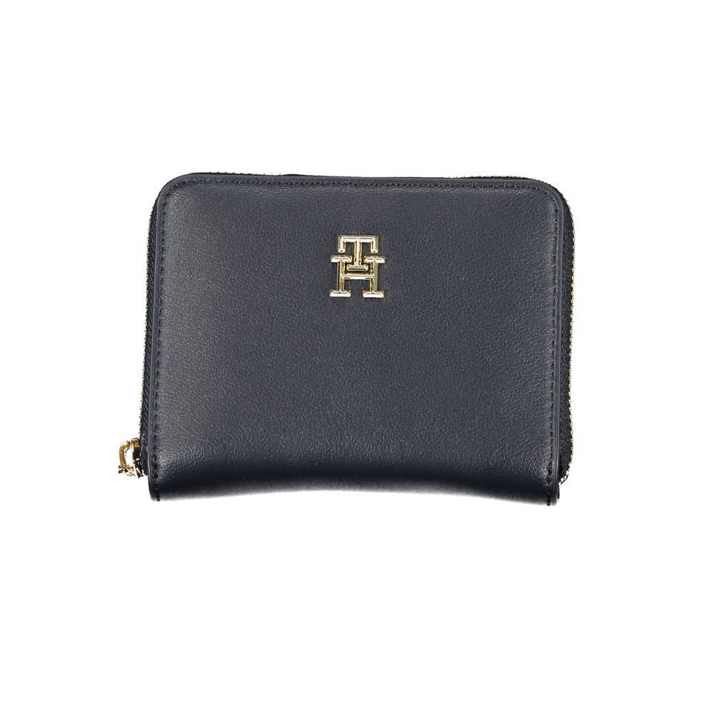 A black leather wallet with a gold logo on it