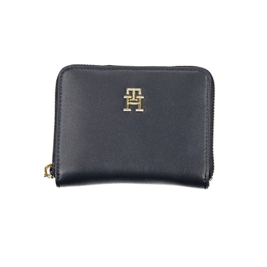 A black leather wallet with a gold logo on it