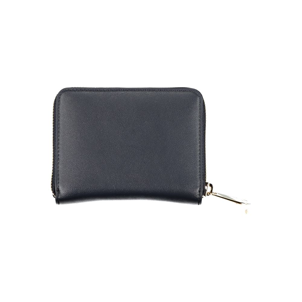 Blue leather wallet with zipper closure and gold accents