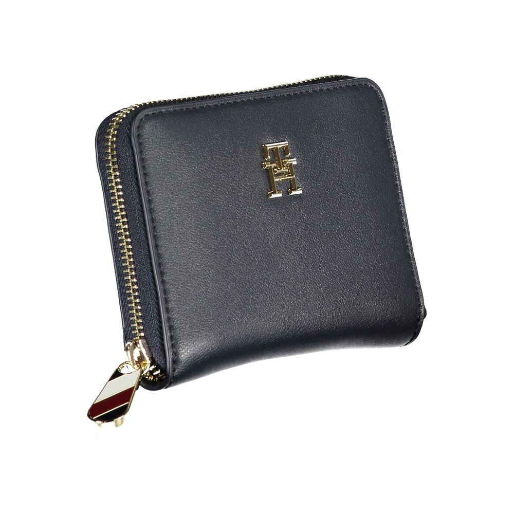 Blue leather wallet with gold zipper and logo