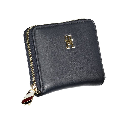 Blue leather wallet with gold zipper and logo
