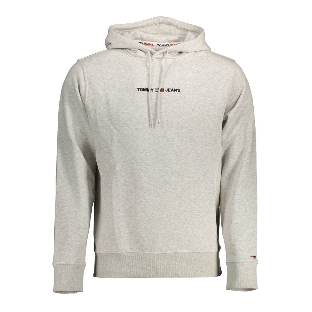 A gray hoodie with a front pocket and a zippered front closure. There is a logo on the left chest area of the garment