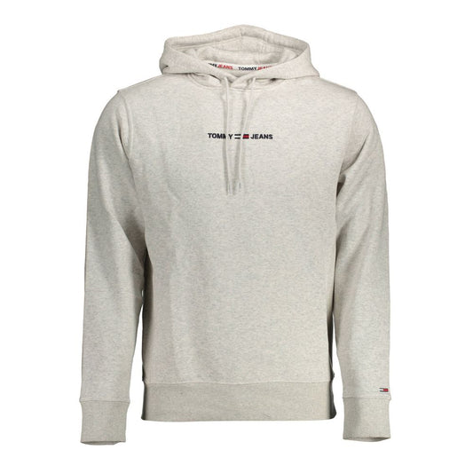 A gray hoodie with a front pocket and a zippered front closure. There is a logo on the left chest area of the garment
