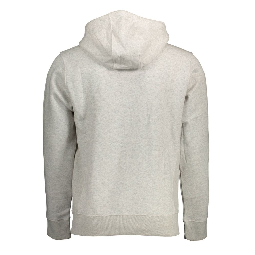 A hoodie with a drawstring hood and a front pocket. It appears to be made of a light grey fabric and is displayed against