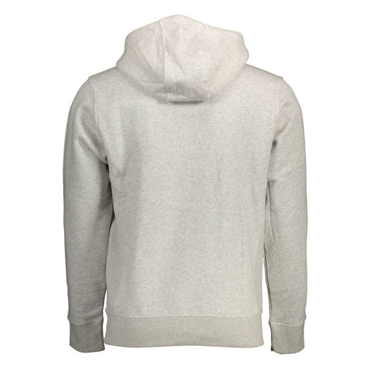 A hoodie with a drawstring hood and a front pocket. It appears to be made of a light grey fabric and is displayed against