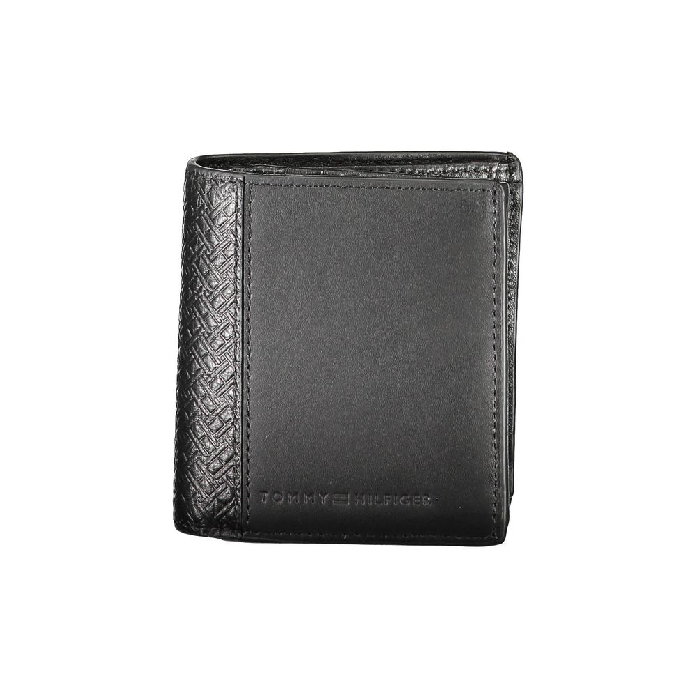 Black leather wallet with embossed logo on front