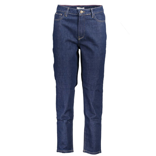 Pair of blue denim jeans with a button and zipper closure