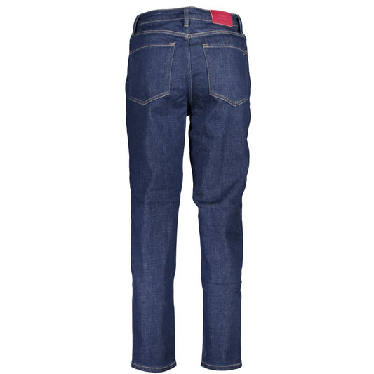 Pair of blue jeans with a red tag on the waistband
