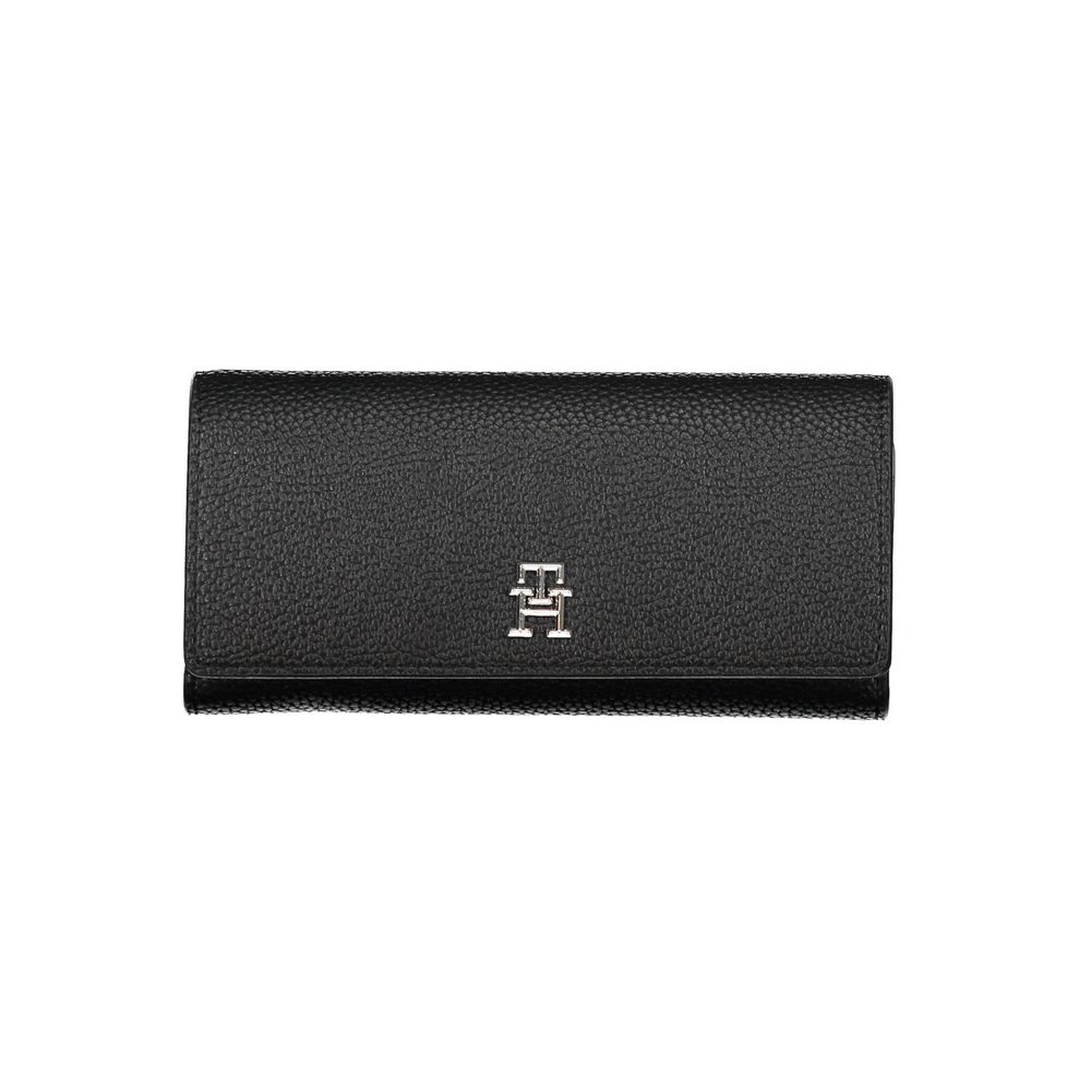 Black leather wallet with silver logo on front