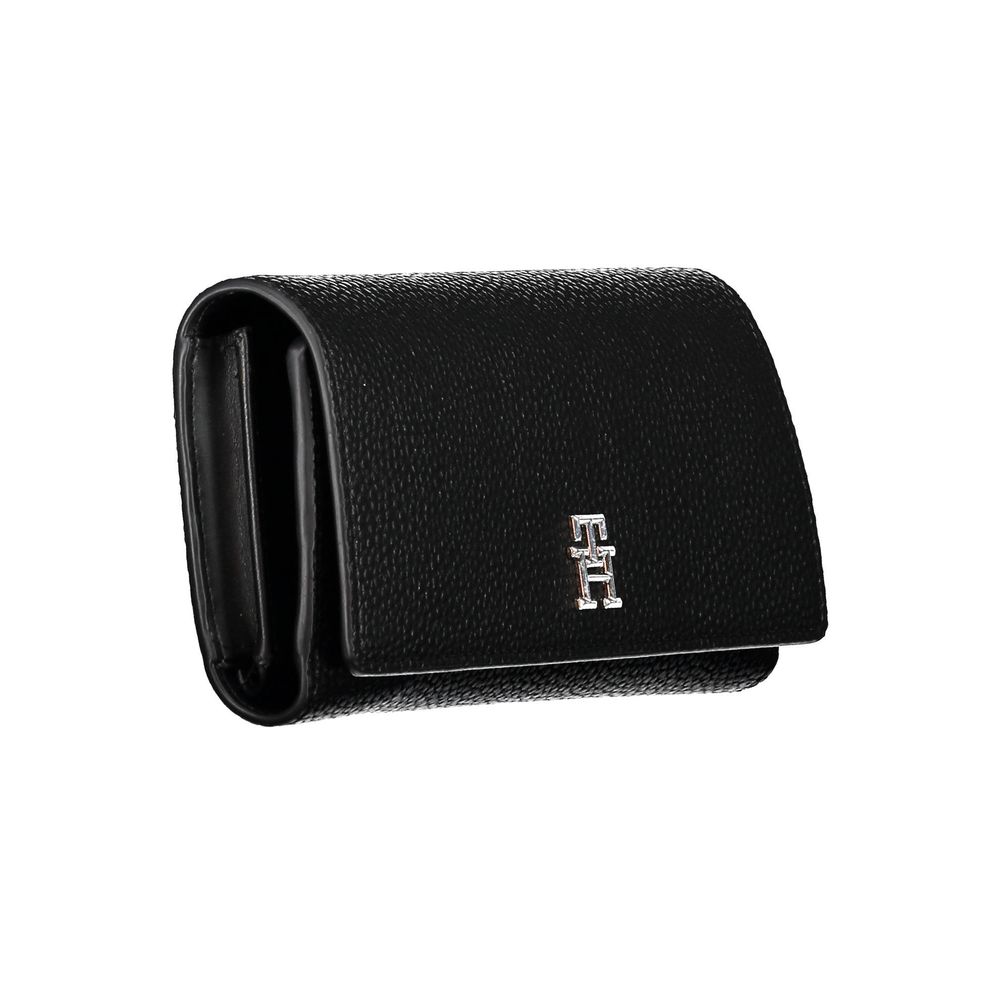 Black leather wallet with silver logo on front