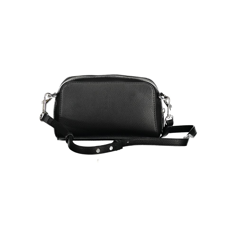 Black leather crossbody bag with silver hardware and adjustable straps