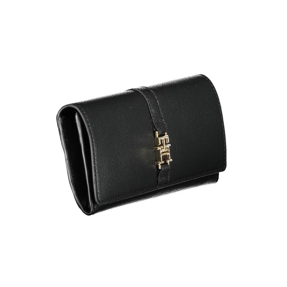 Black leather wallet with gold zipper pull