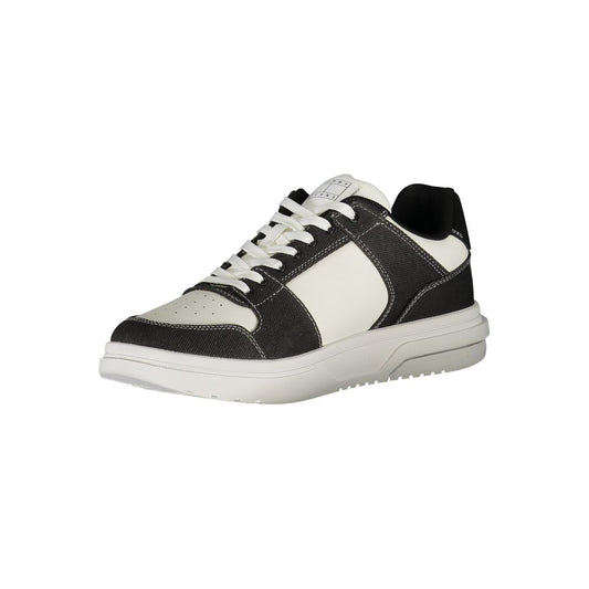 Black and white sneaker with laces, featuring a textured upper and a chunky sole
